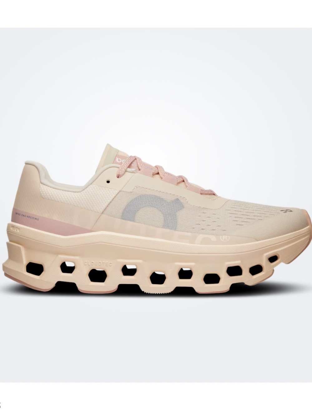 On Women's Cloudmonster Road Running Sneakers - Moon/Fawn or Pink/Beige - Picture 2 of 9